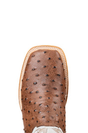 The Renegate Ostrich boots have a bumpy brown vamp, white shaft with embroidery pattern, a square toe, and a sturdy leather sole with a rubber heel.