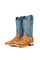 The Renegate Big Bass Pirarucu boot features a tan Pirarucu fish print vamp, a blue leather shaft with embroidery, a square toe, and leather sole. 