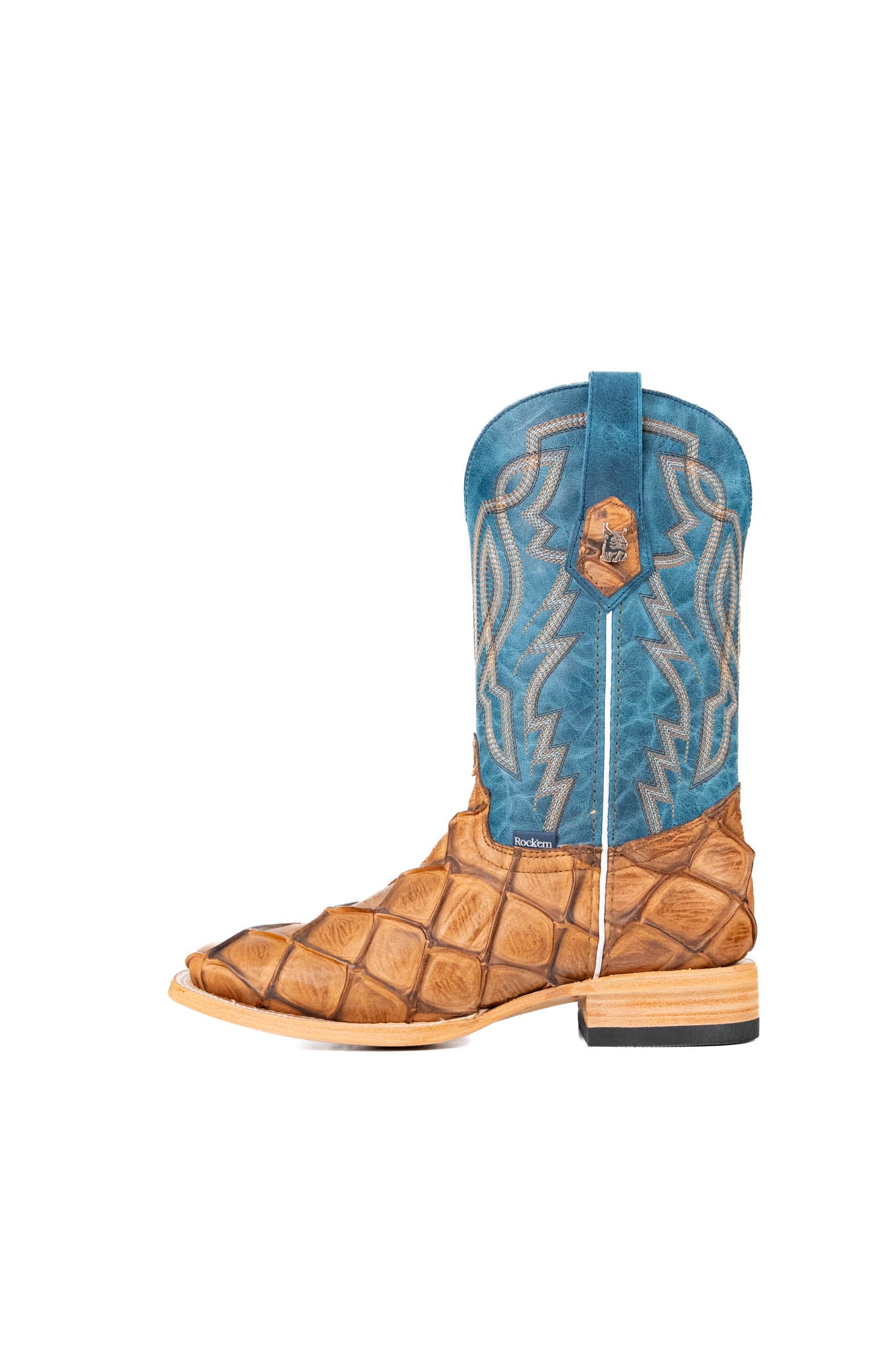 Side view of the Renegate Big Bass Pirarucu boot features a tan Pirarucu fish print vamp, a blue leather shaft with embroidery, a square toe, and leather sole. 