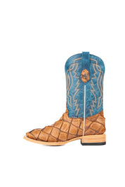 Side view of the Renegate Big Bass Pirarucu boot features a tan Pirarucu fish print vamp, a blue leather shaft with embroidery, a square toe, and leather sole. 