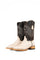 The Andersen Python Exotic cowboy boots are genuine leather, featuring a square toe, python print vamp, brown shaft with white embroidery, rubber heel, and a leather sole. 