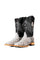 The Andersen Python Exotic cowboy boots are genuine leather, featuring a square toe, white python print vamp, black shaft with tan embroidery, rubber heel, and a leather sole. 