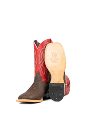 View of the Renegate Elephant cowboy boots crafted from genuine leather, featuring a square toe, brown elephant print vamp, red shaft with embroidered shaft, leather sole and rubber heel.