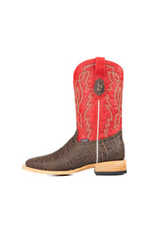 Side view of the Renegate Elephant cowboy boots crafted from genuine leather, featuring a square toe, brown elephant print vamp, red shaft with embroidered shaft, and rubber heel.