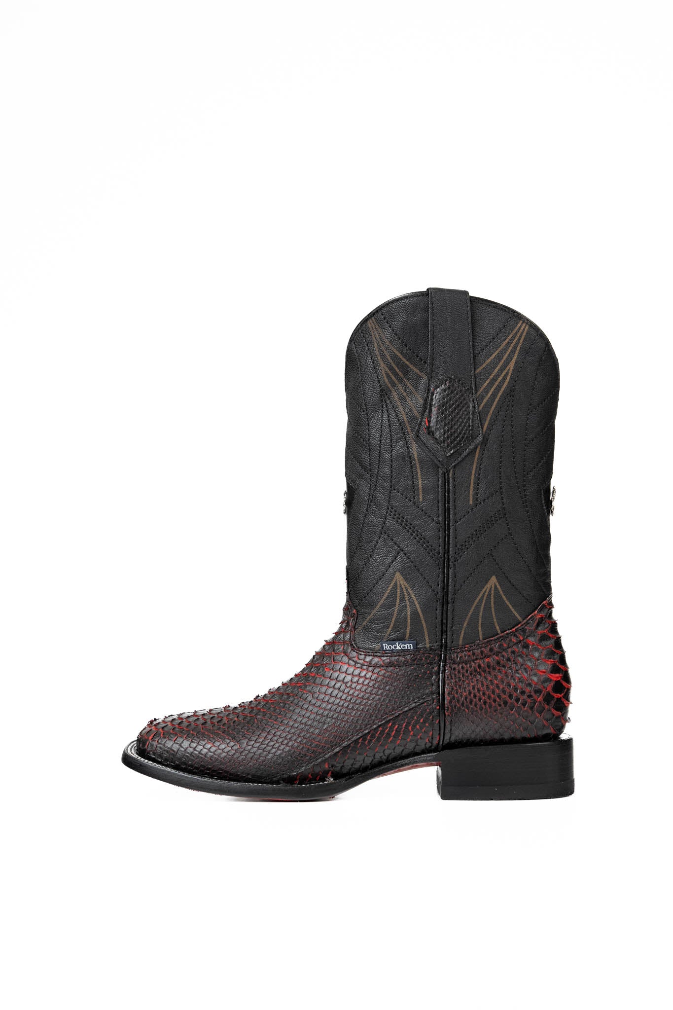 Side of the Python Exotic Cowboy Boots in Red/Black. Made from genuine leather, red and black python-print vamp, square toe, and an embroidered shaft. Finished with a durable rubber heel and a red sole.