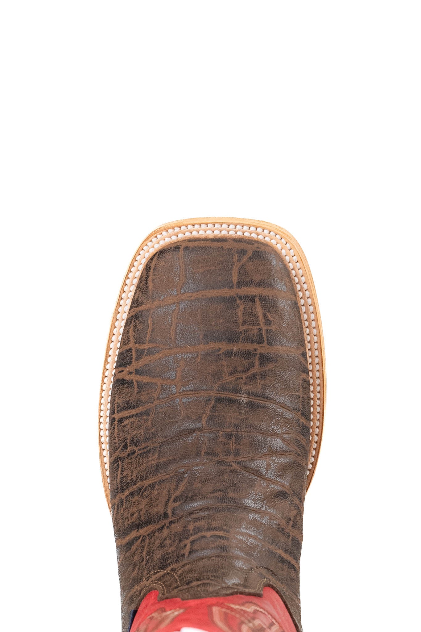 Top-down close-up of the Renegate Elephant cowboy boot vamp showing the elephant print detail, double stitch and square toe.