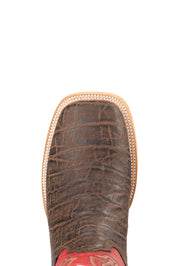 Top-down close-up of the Renegate Elephant cowboy boot vamp showing the elephant print detail, double stitch and square toe.