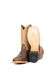View of the brown Renegate Giant Alligator Cowboy Boot in genuine leather, featuring a square toe, brown caiman print vamp, tan shaft with embroidery, leather sole and rubber heel. 