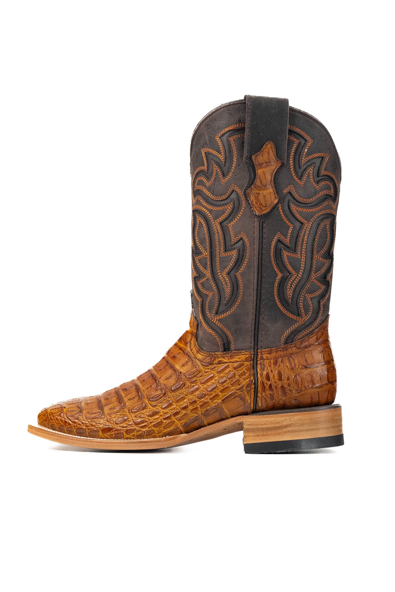 Side view of buttercup Cody Caiman cowboy boots in genuine leather, featuring a square toe, caiman print vamp, buttercup embroidered shaft, and rubber heel.
