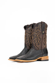 The Bruce boots feature a brown coca Python print vamp, a rugged brown leather shaft with bold inlays, a square toe, pull straps, and a sturdy Western sole.