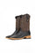 The Bruce boots feature a brown coca Python print vamp, a rugged brown leather shaft with bold inlays, a square toe, pull straps, and a sturdy Western sole.