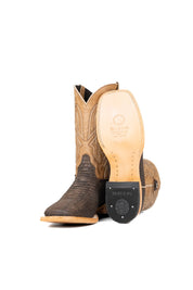 View of the Renegate Python boot in matte brown features brown Pirarucu fish print vamp, tan leather shaft with embroidery, a square toe, and leather sole. 