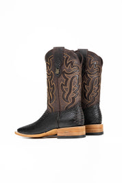 The Bruce boots feature a brown coca Python print vamp, a rugged brown leather shaft with bold inlays, a square toe, pull straps, and a sturdy Western sole.