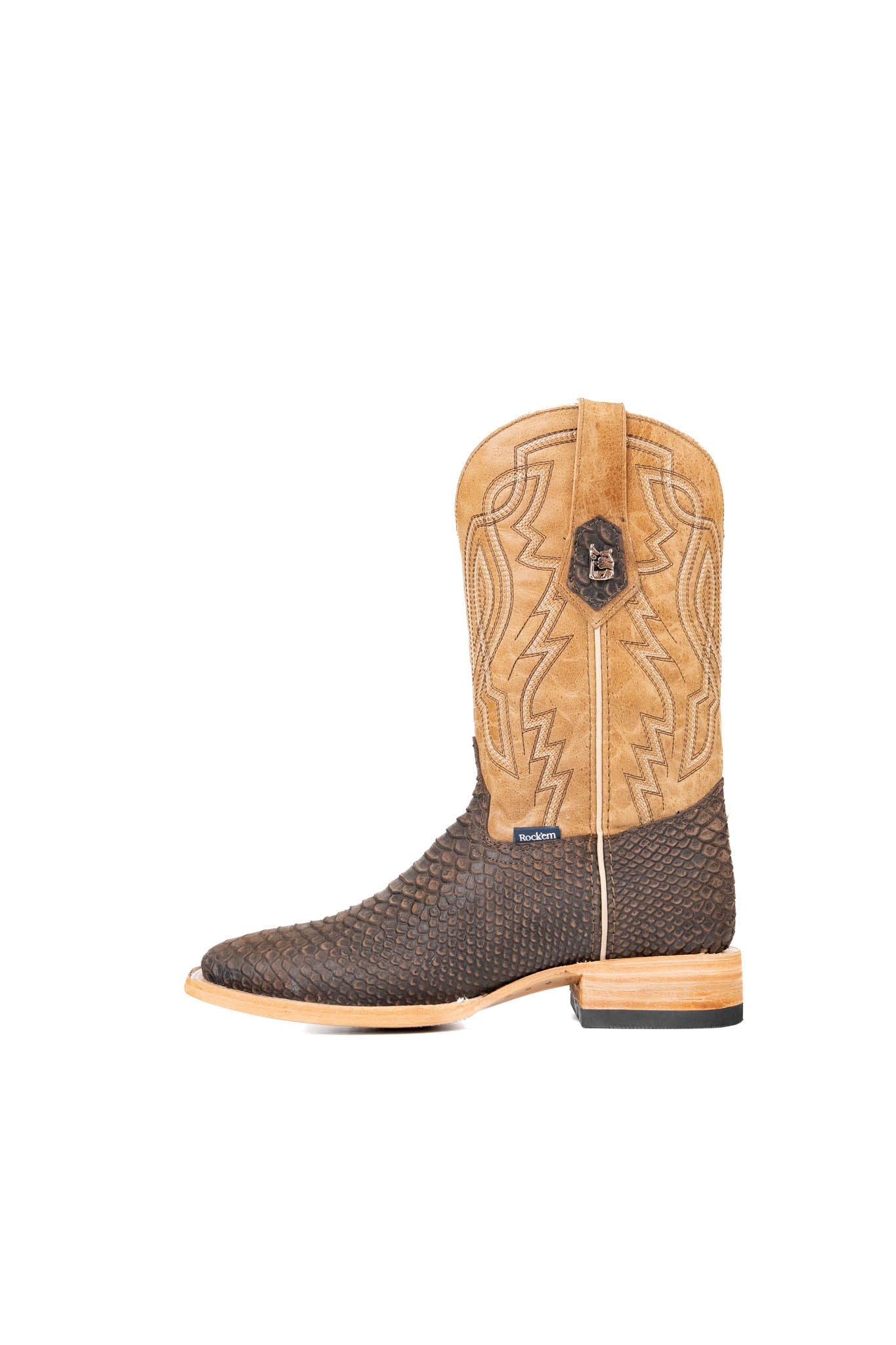 Side view of the Renegate Python boot in matte brown features brown Pirarucu fish print vamp, tan leather shaft with embroidery, a square toe, and leather sole. 
