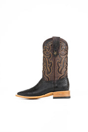 The Bruce boots feature a brown coca Python print vamp, a rugged brown leather shaft with bold inlays, a square toe, pull straps, and a sturdy Western sole.