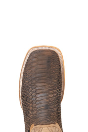 Top-down close-up of the Renegate Python boot vamp, showcasing the brown python print scale detail, double stitching and square toe.