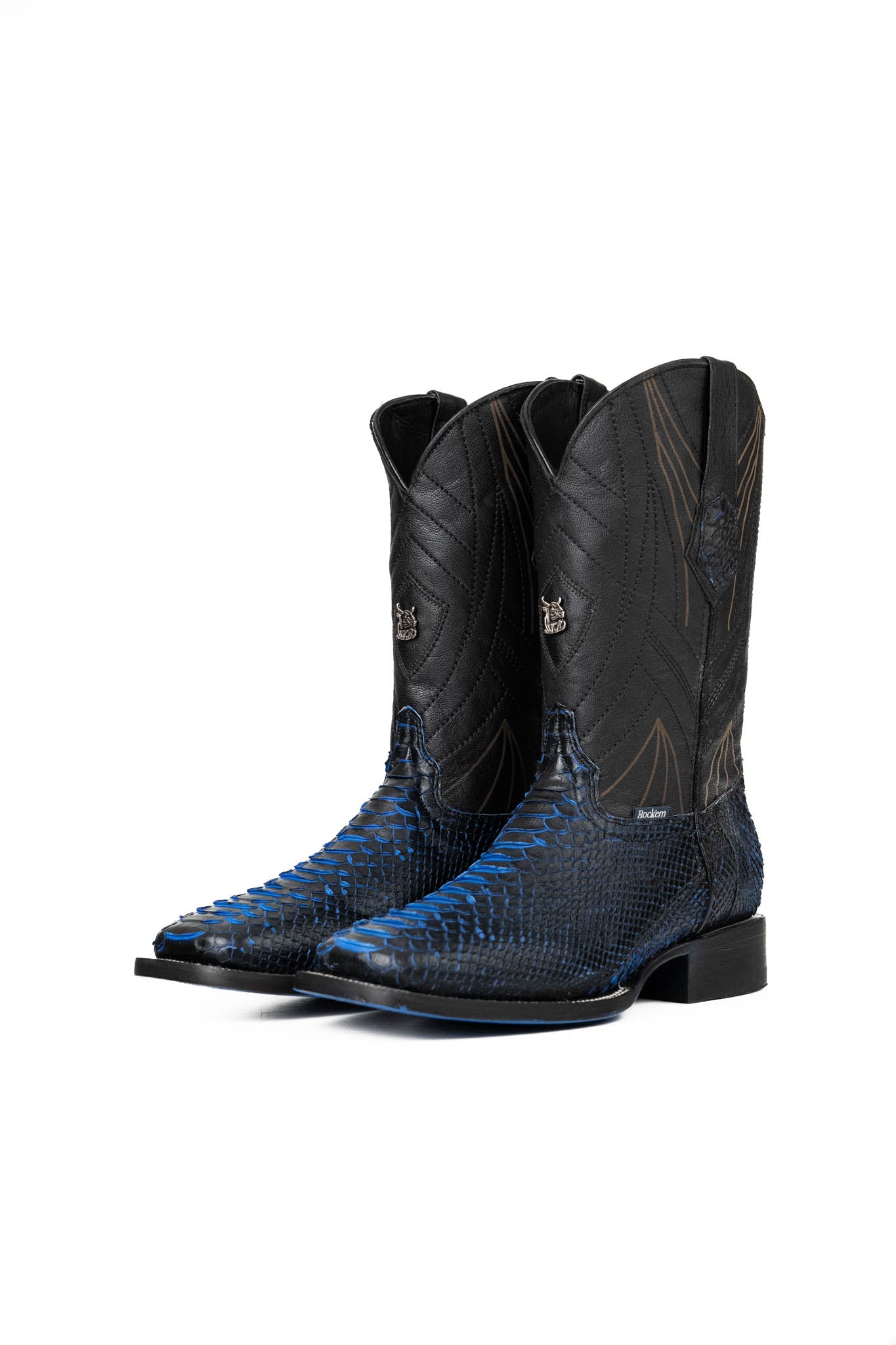 The Python Exotic cowboy boots in Blue/black are genuine leather, featuring a square toe, python print vamp, embroidery shaft, rubber heel, and a blue sole. 