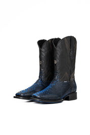 The Python Exotic cowboy boots in Blue/black are genuine leather, featuring a square toe, python print vamp, embroidery shaft, rubber heel, and a blue sole. 