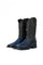 The Python Exotic cowboy boots in Blue/black are genuine leather, featuring a square toe, python print vamp, embroidery shaft, rubber heel, and a blue sole. 