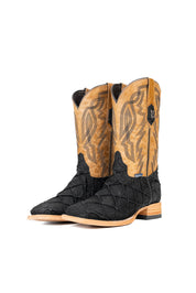 The Renegate Big Bass Pirarucu boot in matte black features a black Pirarucu fish print vamp, a tan leather shaft with embroidery, a square toe, and leather sole.