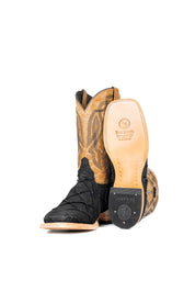 View of the Renegate Big Bass Pirarucu boot in matte black features a black Pirarucu fish print vamp, a tan leather shaft with embroidery, a square toe, and leather sole.