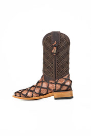 The Bradley boot features an oryx Pirarucu fish print vamp, a brown leather shaft with a laser-cut pattern, a square toe, and a natural-tone sole.