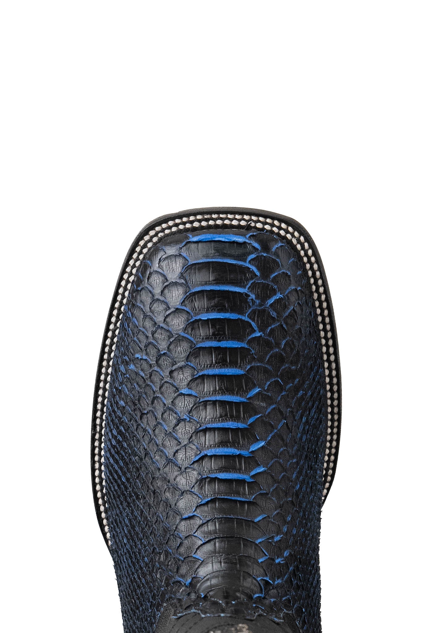 Top-down close-up of python exotic cowboy boot vamp, showcasing the black blue tone under the python print scale, double stitching and square toe.