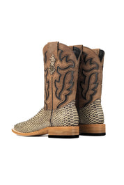 The Bruce boots have a rustic bone Python print vamp, a rugged brown leather shaft with bold inlays, a square toe, pull straps, and a sturdy Western sole.