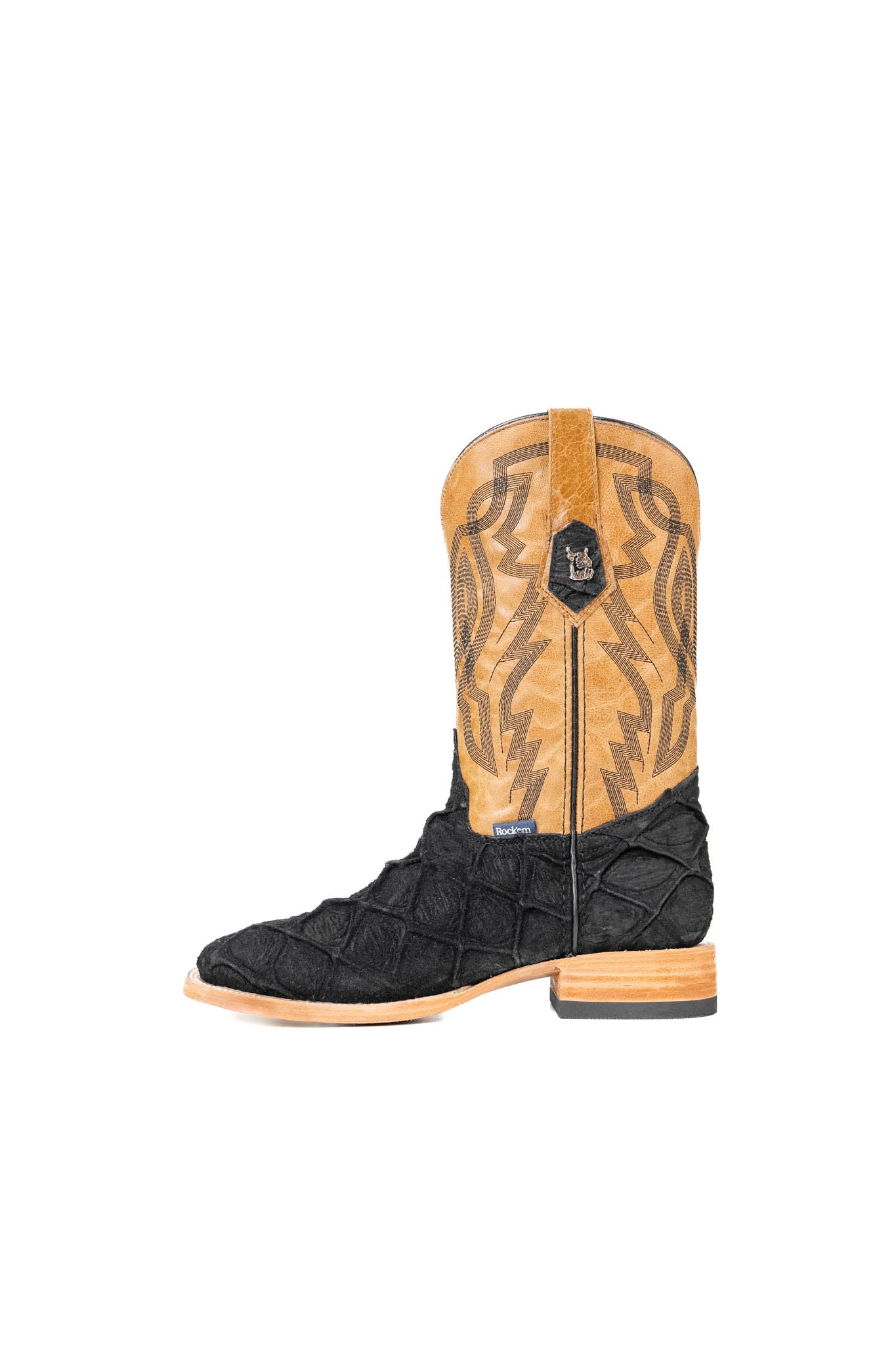 Side view of the Renegate Big Bass Pirarucu boot in matte black features a black Pirarucu fish print vamp, a tan leather shaft with embroidery, a square toe, and leather sole.