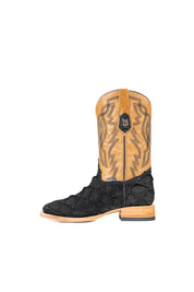 Side view of the Renegate Big Bass Pirarucu boot in matte black features a black Pirarucu fish print vamp, a tan leather shaft with embroidery, a square toe, and leather sole.