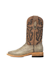 The Bruce boots have a rustic bone Python print vamp, a rugged brown leather shaft with bold inlays, a square toe, pull straps, and a sturdy Western sole.