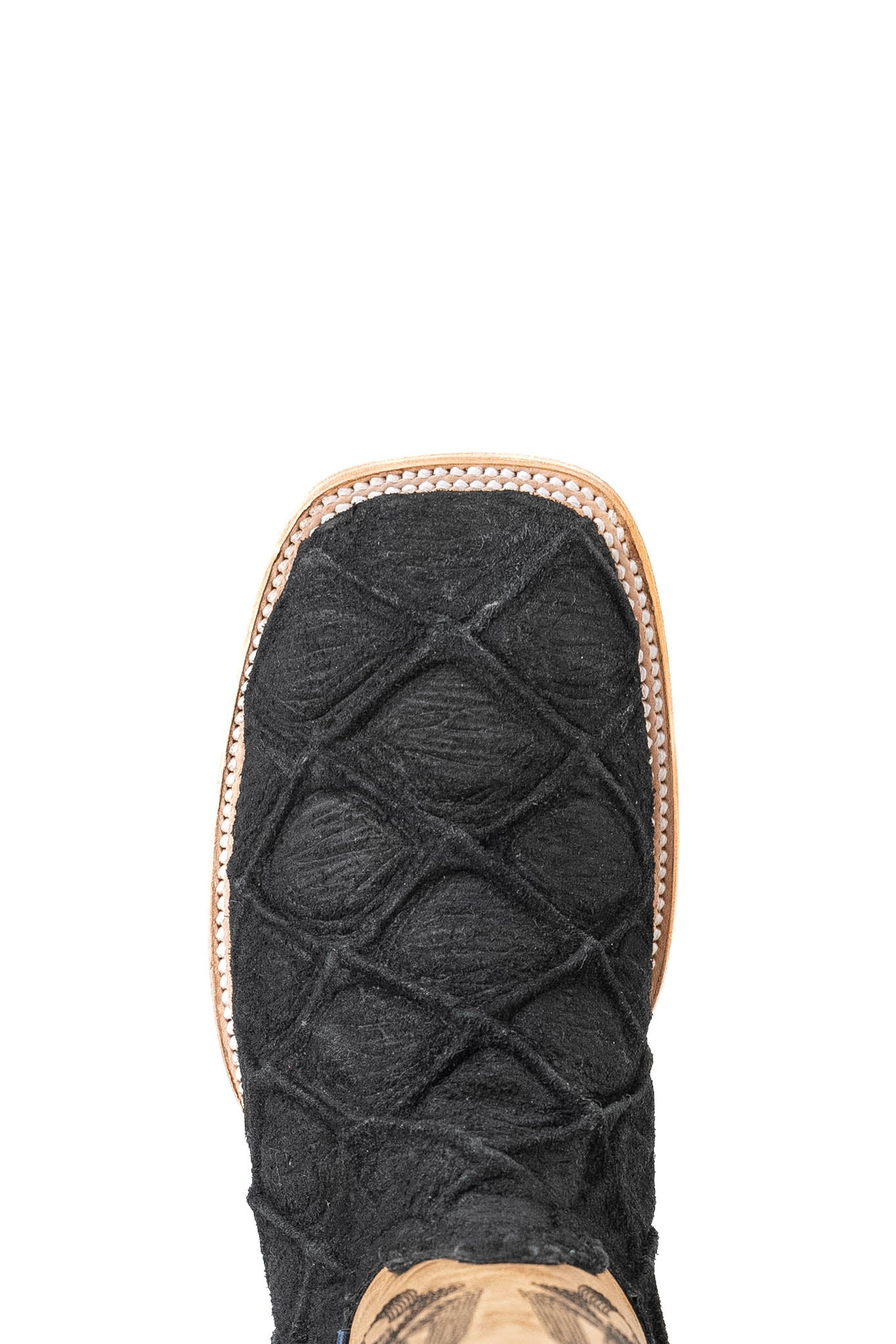 Top-down close-up of Renegate Big Bass Pirarucu vamp in matte black, showcasing the pirarucu print scale detail, double stitching and square toe.