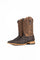 The Bradley boots feature a textured brown pirarucu fish leather print vamp, a laser-cut geometric shaft, a square toe, and a natural-tone sole.