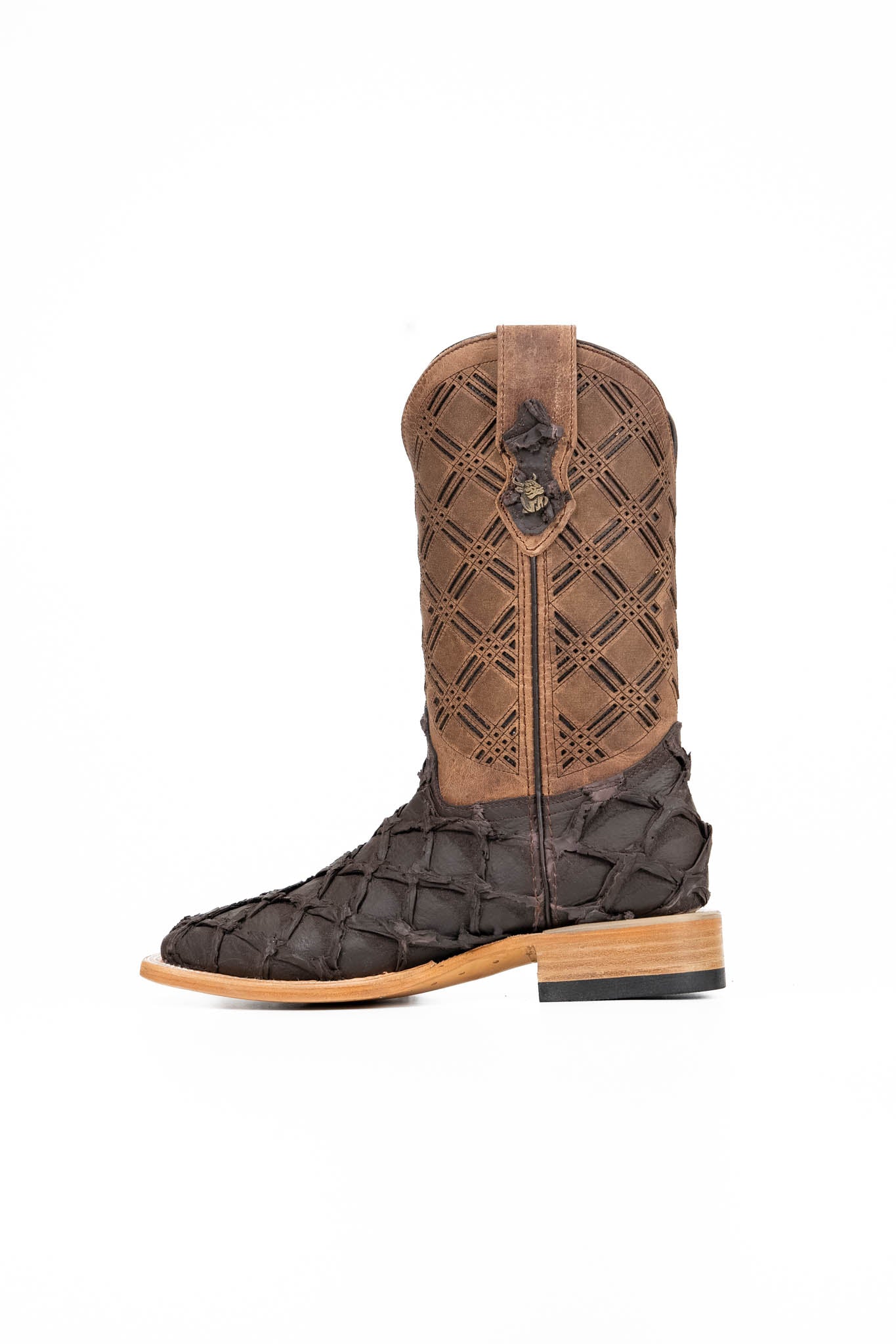 The Bradley boots feature a textured brown Pirarucu Fish Leather Print vamp, a laser-cut geometric shaft, a square toe, and a natural-tone sole.