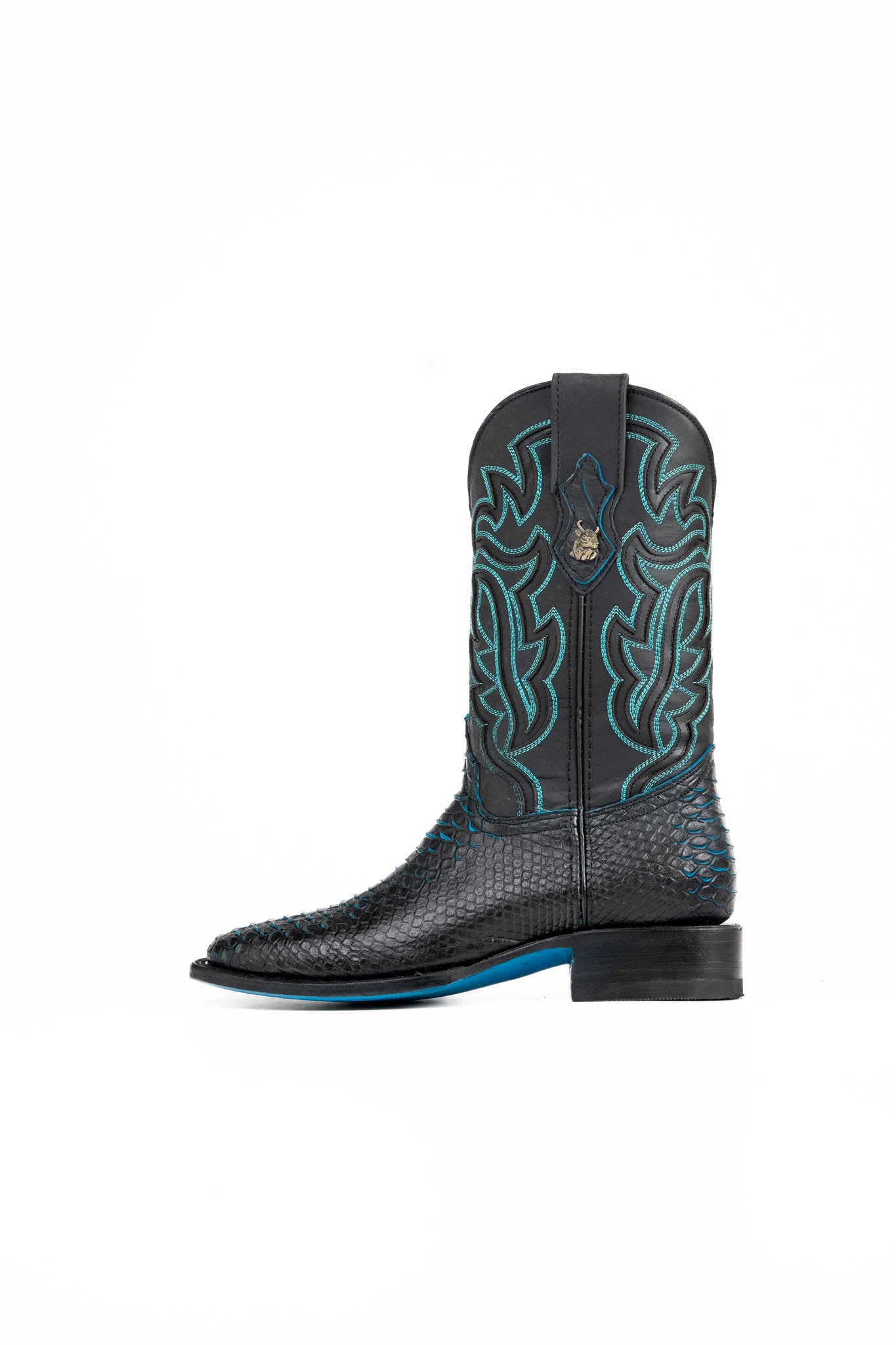 The Black Bruce cowboy boots are genuine leather, featuring a square toe, Python print vamp, turquoise embroidery shaft, rubber heel, and a turquoise sole.