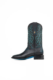 The Black Bruce cowboy boots are genuine leather, featuring a square toe, Python print vamp, turquoise embroidery shaft, rubber heel, and a turquoise sole.