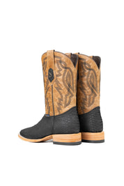 Back view of the Renegate Python boot in matte black featuring a  black Pirarucu fish print vamp, tan leather shaft with embroidery, a square toe, and leather sole. 
