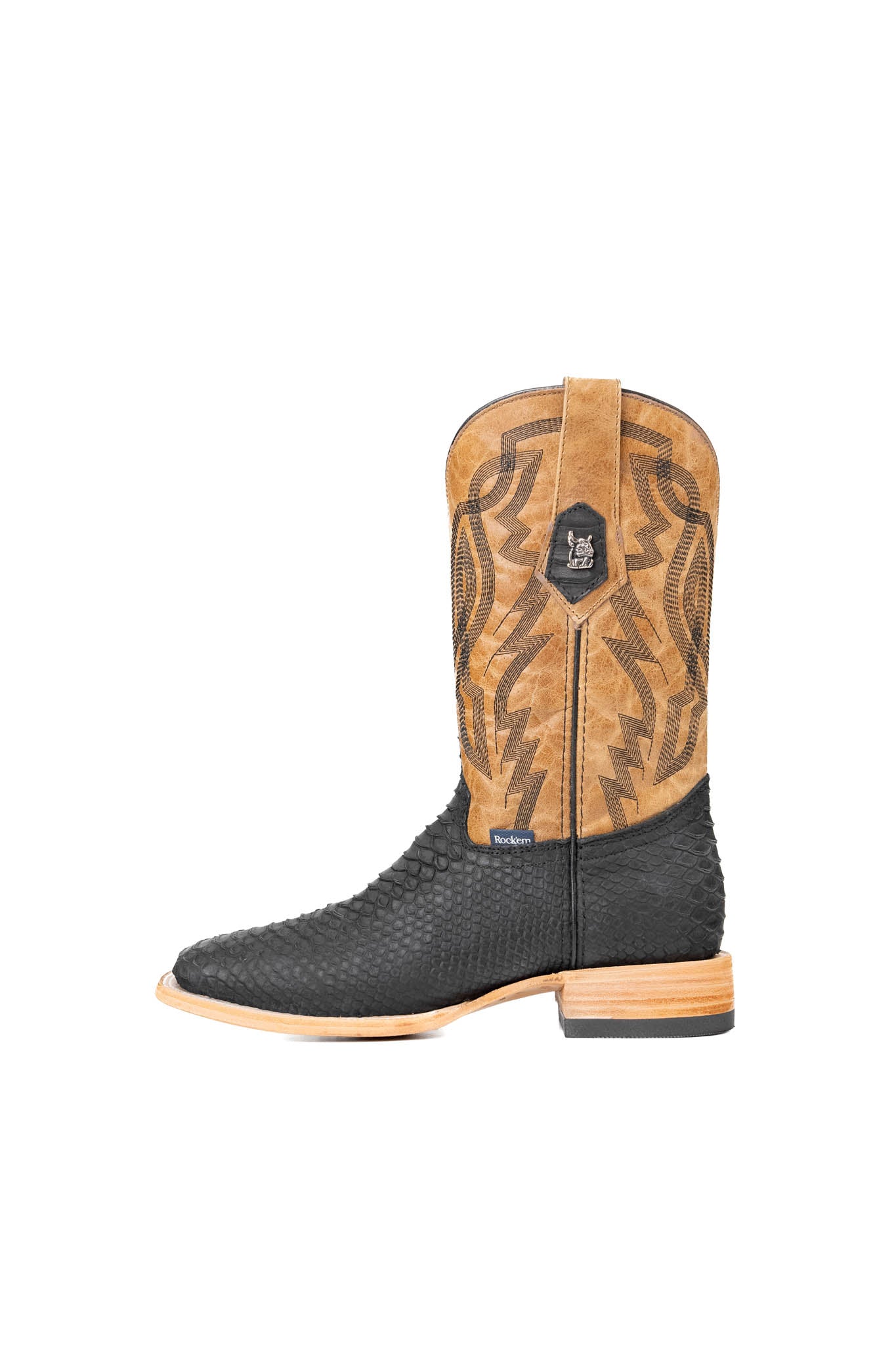 Side view of the Renegate Python boot in matte black featuring a black pirarucu fish print vamp, tan leather shaft with embroidery, a square toe, and leather sole. 