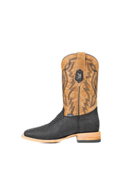 Side view of the Renegate Python boot in matte black featuring a black pirarucu fish print vamp, tan leather shaft with embroidery, a square toe, and leather sole. 