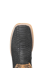 Top-down close-up of the Renegate Python boot vamp, showcasing the black python print scale detail, double stitching and square toe.