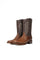 The brown Ostrich Rodeo Zipper features genuine leather in brown, a rodeo toe, ostrich-print vamp, brown embroidered shaft, rubber heel, and leather sole.