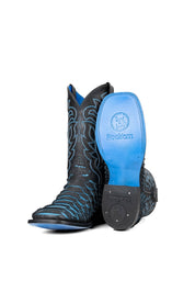 View of the black Bruce Jumbo Blue cowboy boots are genuine leather, featuring a square toe, python print vamp, blue embroidery shaft, rubber heel, and a blue sole. 