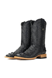 The Jameson boots have a black caiman-textured vamp, a black shaft with bold zigzag stitching, a square toe, and a sturdy leather sole with a rubber heel.