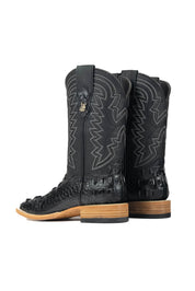 The Jameson boots have a black caiman-textured vamp, a black shaft with bold zigzag stitching, a square toe, and a sturdy leather sole with a rubber heel.