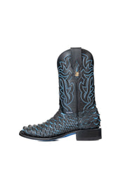 Side view of the black Bruce Jumbo Blue cowboy boots are genuine leather, featuring a square toe, python print vamp, blue embroidery shaft, rubber heel, and a blue sole. 