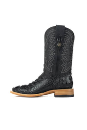 The Jameson boots have a black caiman-textured vamp, a black shaft with bold zigzag stitching, a square toe, and a sturdy leather sole with a rubber heel.