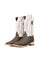 The Renegate Python boot in rustic brown featuring a brown pirarucu fish print vamp, white leather shaft with embroidery, a square toe, and leather sole. 