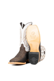 View of the Renegate Python boot in rustic brown featuring a brown pirarucu fish print vamp, white leather shaft with embroidery, a square toe, and leather sole. 