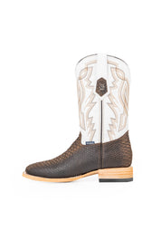 Side view of the Renegate Python boot in rustic brown featuring a brown pirarucu fish print vamp, white leather shaft with embroidery, a square toe, and leather sole. 