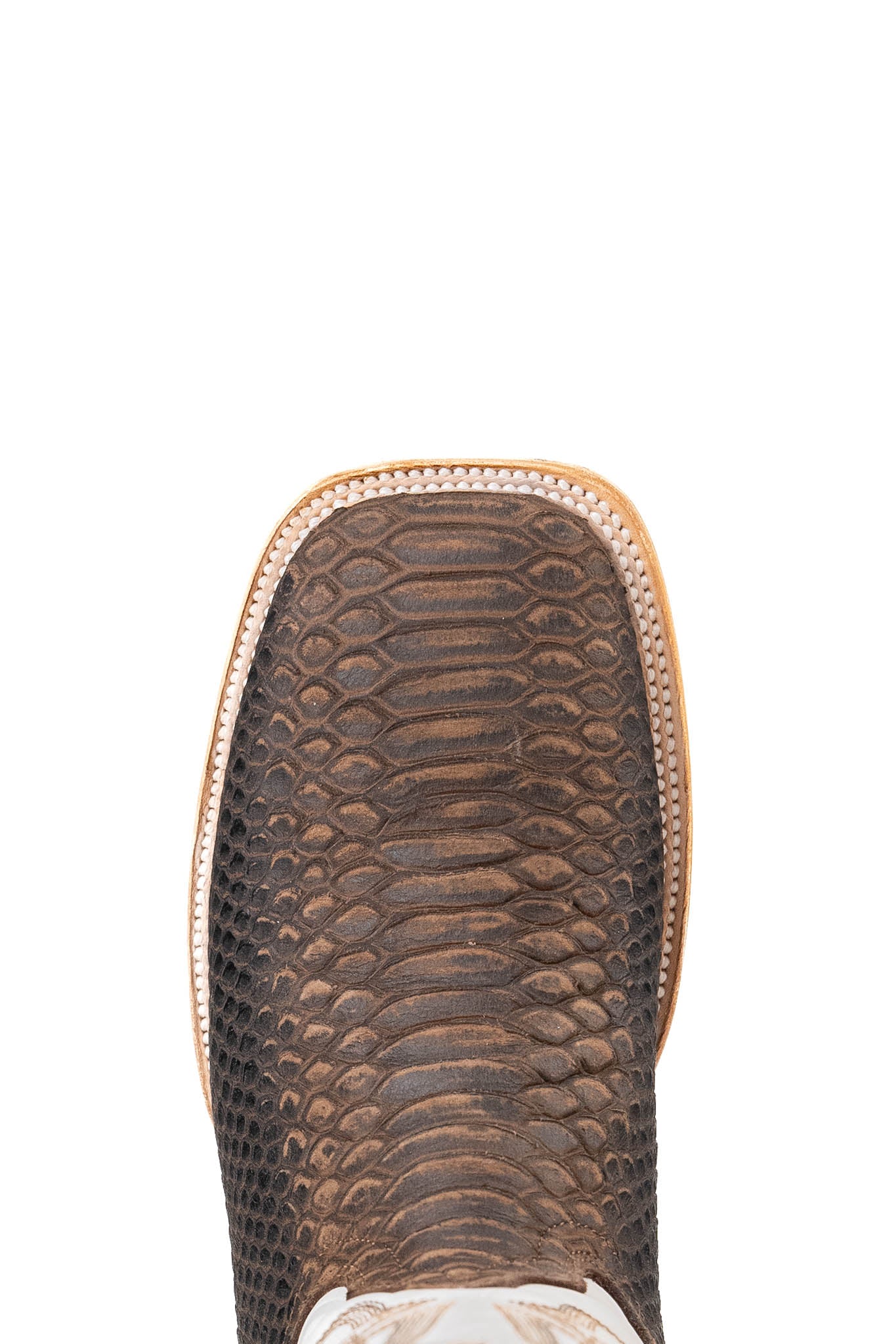 Top-down close-up of the Renegate Python boot vamp, showcasing the brown python print scale detail, double stitching and square toe.
